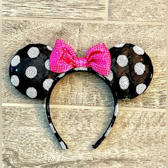 Disney Other - Disney Minnie Mouse Ears with Black/White Sequin Polka Dots and Pink Bow